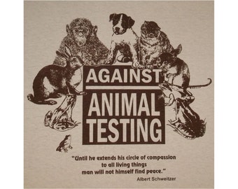 May include: A brown graphic design on a beige background with the text "AGAINST ANIMAL TESTING" and a quote by Albert Schweitzer. The graphic features a monkey, a dog, a cat, a rabbit, and frogs.