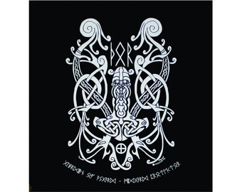 May include: Black and white illustration of a Viking warrior with a horned helmet, surrounded by intricate knotwork and runes. The text "Yggdrasil of Asgard - Midgard Karmkator" is at the bottom.