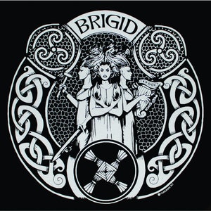 May include: Black and white illustration of the Celtic goddess Brigid, depicted with three heads and holding a hammer, sword, and harp. The image is surrounded by a Celtic knot design.