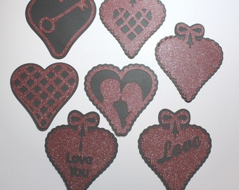 7 Glitter Heart Die Cuts: Red Cardstock Embellishments, Set of 7