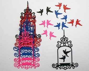 Set Of 8 Birdcages And 16 Cute Birds/Die Cuts/Embellishments/Paper Cuts/Scrapbooking/Card Making/Birdcage/Birds