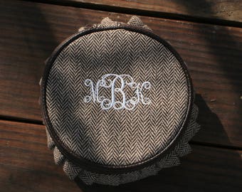 Girls Personalized Brown Herringbone Jewelry Case Monogrammed Round Cosmetic Bag