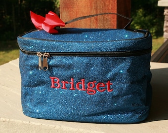 Personalized Royal Blue Glitter Cosmetic Bag: Embroidered Dance Makeup Bag