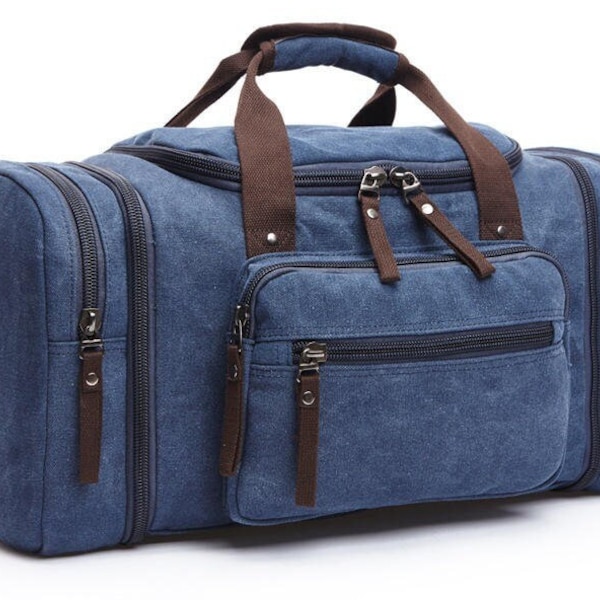 Mens Heavy Duty Canvas Weekend Bag | Personalized Duffel Bag Blue Canvas | Monogrammed Weekend Bag | Mens Duffle Bag with Shoulder Strap