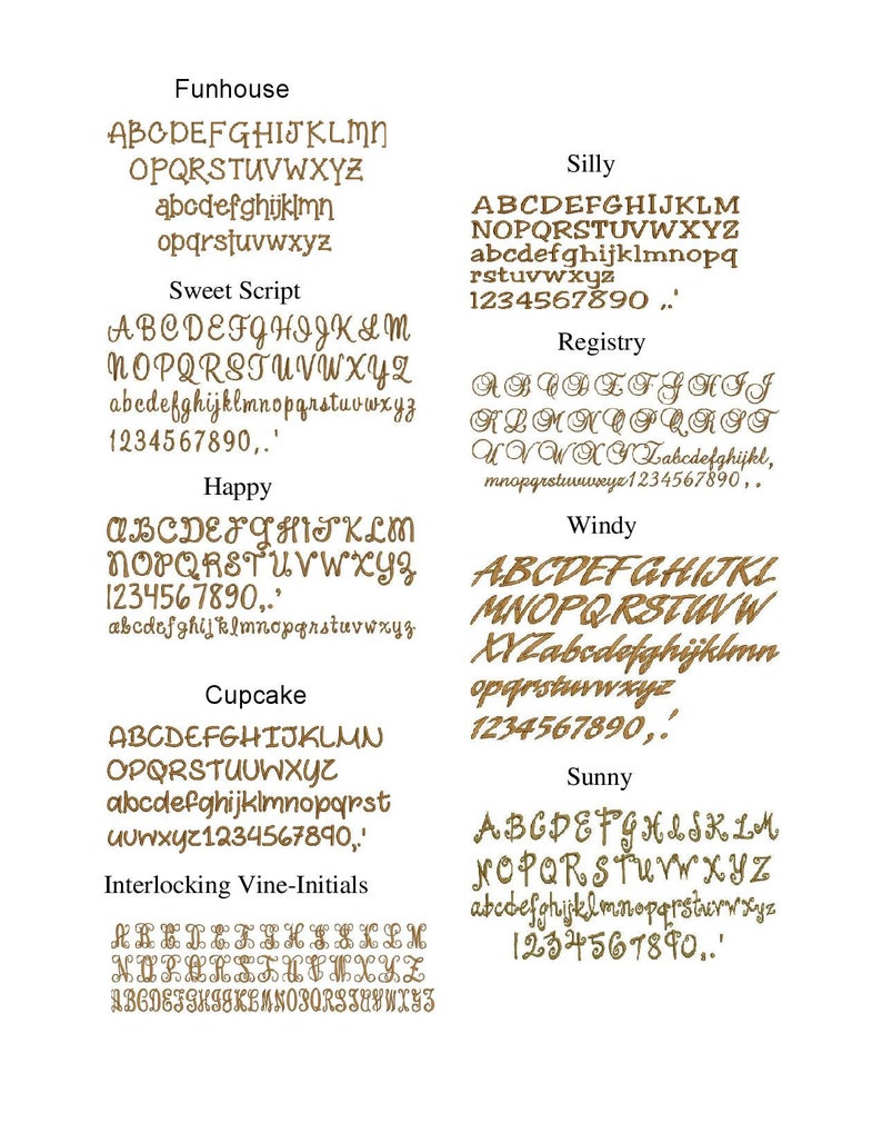 K&ouml;nnte beinhalten: Ein digitales Bild, das verschiedene Schriftstile f&uuml;r das Alphabet, Zahlen und Satzzeichen zeigt. Die Schriftstile sind mit Namen wie "Funhouse", "Silly", "Sweet Script", "Registry", "Happy", "Cupcake", "Windy", "Sunny" und "Interlocking Vine-Initials" gekennzeichnet.