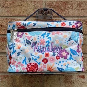 Grande trousse à maquillage personnalisée, trousse train fleurie, trousse à maquillage monogrammée