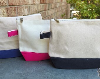 Personalized Cosmetic Pouch, Jute Make Up Bag, Natural with Navy, Black, or Pink Trim