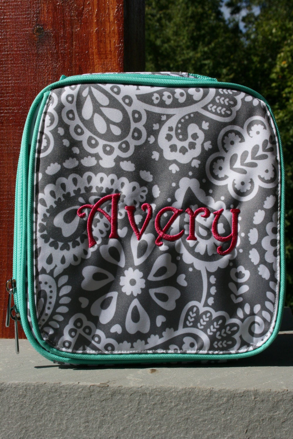 Monogrammed Lunch Bag Gray Paisley Mint Trim 