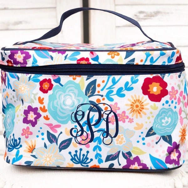 Personalized Large Cosmetic Bag, Flowery Train Case, Monogrammed Make Up Bag