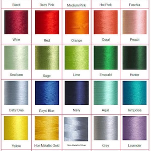 May include: A chart showing embroidery thread colors. The chart is divided into 6 rows and 5 columns. Each square shows a different color of thread. The colors are labeled with their names. The chart includes colors such as white, ivory, khaki, chocolate, dark brown, black, baby pink, medium pink, hot pink, fuchsia, wine, red, orange, coral, peach, seafoam, sage, lime, emerald, hunter, baby blue, royal blue, navy, aqua, turquoise, yellow, non-metallic gold, non-metallic silver, grey, lavender, purple, orchid, charcoal, plum, teal, burgundy, periwinkle, eggplant, and mossy oak.