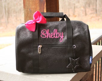 Dance Bag, Black Glitter Duffel, Personalized Ballet for Preschool Girls, Cheer Duffle with Strap