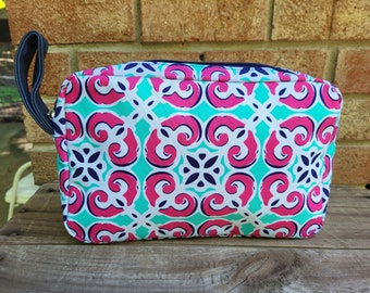 Personalized Floral Tile Cosmetic Case Monogrammed Makeup Bag Mint Pink
