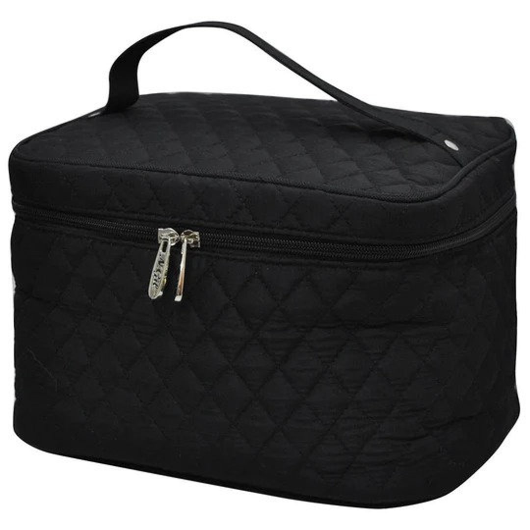 Personalized Large Cosmetic Bag, Black Quilted Make up Bag, Monogrammed