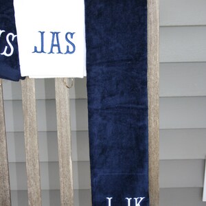 mens custom embroidered golf towels in navy and white