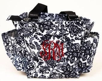 Personalized Black and White Floral Print Organizer Caddy | Tote with Pockets | Zippered Top