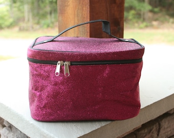 Cosmetic Bag, Make Up Case, Pink Glitter Train Case, Dance, Ballet, Skating, Cheer