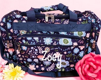 Navy Floral Duffel, Personalized Travel Gift, Girls Weekender Bag with Flowers