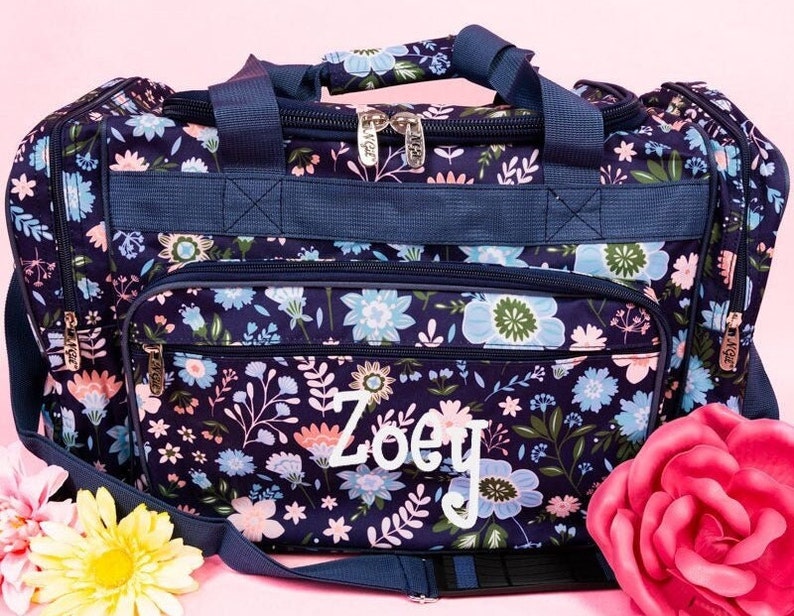 Navy Floral Duffel, Personalized Travel Gift, Girls Weekender Bag with Flowers image 1