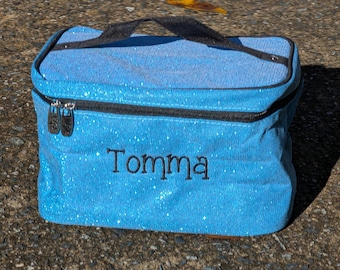 Personalized Turquoise Glitter Cosmetic Bag: Embroidered Dance Makeup Bag