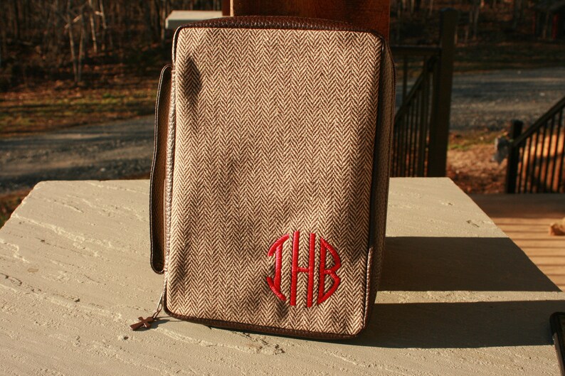 Personalized Bible Cover Monogrammed Brown Herringbone Book Protector