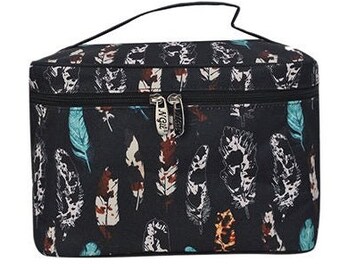 Personalized Feather Print Cosmetic Bag: Monogrammed Travel Train Case
