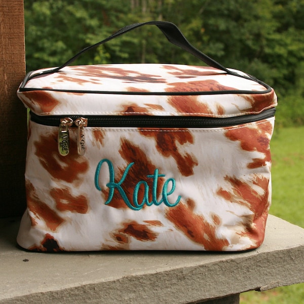 Personalized Large Cosmetic Bag | Cowhide Print Monogrammed Make Up Case | Cow Print Train Case