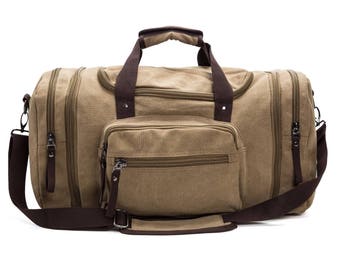 Mens Monogrammed Khaki Canvas Weekend Bag Personalized Overnight Bag