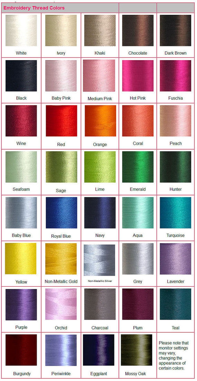 Puede incluir: Una cuadr&iacute;cula titulada Embroidery Thread Colors que muestra cuarenta y un muestras cuadradas de hilo en varios tonos, incluyendo blanco, marfil, caqui, chocolate, marr&oacute;n, negro, rosas, rojos, naranjas, verdes, azules, amarillos, grises, morados y cerceta.