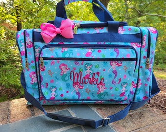 Mermaid Duffel, Personalized Travel Gift, Girls Weekender Bag in Blues and Pinks