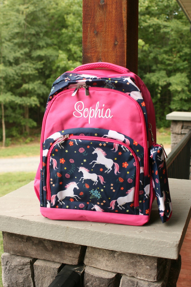 Personalized Unicorn School Backpack  Navy and Hot Pink Book image 0