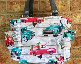 Small Tote Bag, Vintage Pickup Truck Print, Tote with Pockets, Zippered Top, Custom Embroidery