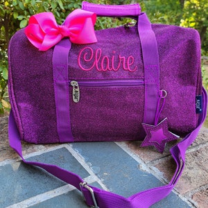 Dance Bag, Purple Glitter Mini Duffel, Personalized Ballet for Preschool Girls, Cheer Gift, Sparkle Gym Bag