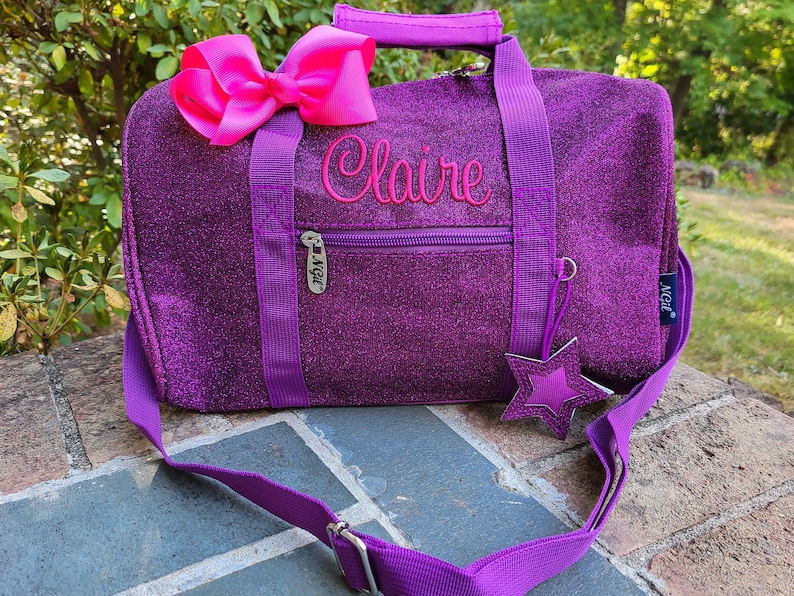 purple glitter small duffel with embroidered name by Double B Monograms