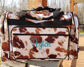 Duffel Bag, Cowhide Print, Brown and White, Overnight Bag, Monogrammed Weekender, Western Style