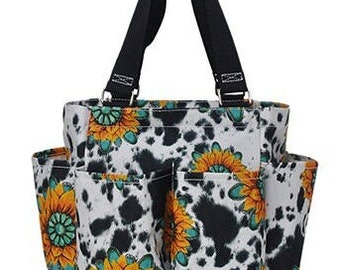 Sunflower and Turquoise Tote, Personalized Caddy Bag, Small Organizer