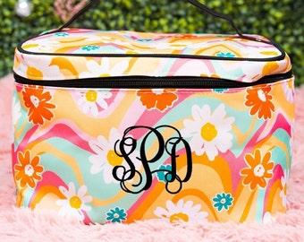 Personalized Large Cosmetic Bag, Paisley Train Case, Monogrammed Make Up Bag