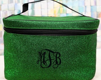 Glitter Cosmetic Bag, Personalized Green Makeup Case, Pageant Awards