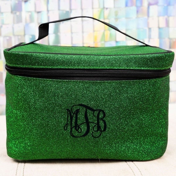 Glitter Cosmetic Bag, Personalized Green Makeup Case, Pageant Awards