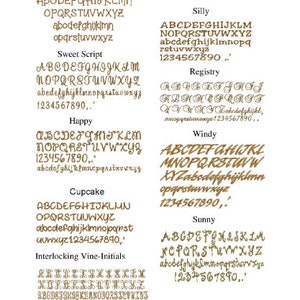 May include: A digital image showcasing ten different font styles, each labeled with a name. The fonts include Funhouse, Sweet Script, Happy, Cupcake, Interlocking Vine-Initials, Silly, Registry, Windy, Sunny. Each font style displays the alphabet in uppercase and lowercase, as well as numbers and punctuation marks.