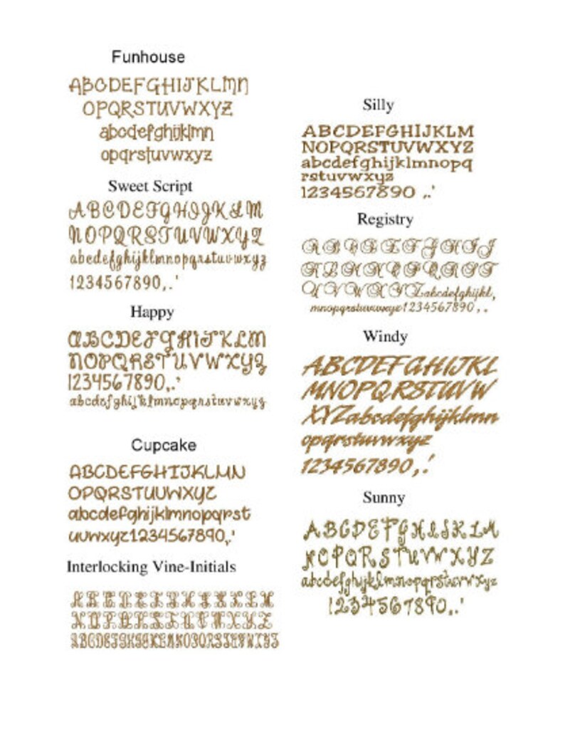 May include: A digital image showcasing ten different font styles, each labeled with a name. The fonts include Funhouse, Sweet Script, Happy, Cupcake, Interlocking Vine-Initials, Silly, Registry, Windy, Sunny. Each font style displays the alphabet in uppercase and lowercase, as well as numbers and punctuation marks.