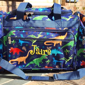 Dinosaur Duffel Bag, Personalized Gift for Kids, Navy Weekender, Travel Gift