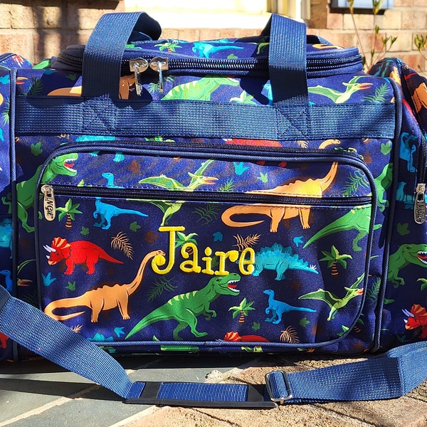 Dinosaur Duffel Bag, Personalized Gift for Kids, Navy Weekender, Travel Gift