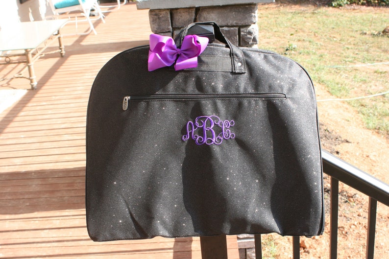 personalized black glitter garment bag for dance or ballet costumes