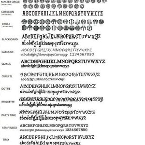 May include: A chart showing different font styles for monogramming. The font styles include Master Circle, Cotillion, Circle, Blackboard, Caroline, Classic, Curly Q, Dottie, Etiquette, Party Time, Serif Block, and Tipsy.