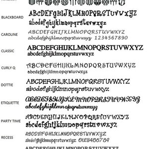 Puede incluir: Una tabla tipogr&aacute;fica en blanco y negro que muestra varios estilos de fuente etiquetados como Master Circle, Cotillion, Sydney, Circle, Blackboard, Caroline, Classic, Curly Q, Dottie, Etiquette, Party Time, Recess, Serif Block, Tipsy y Whimsy.