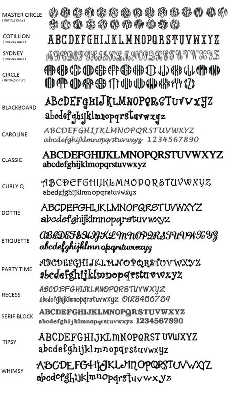 Puede incluir: Una tabla tipogr&aacute;fica en blanco y negro que muestra varios estilos de fuente etiquetados como Master Circle, Cotillion, Sydney, Circle, Blackboard, Caroline, Classic, Curly Q, Dottie, Etiquette, Party Time, Recess, Serif Block, Tipsy y Whimsy.