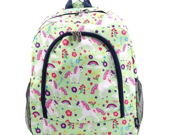 Unicorn School Backpack, Girls Bookbag in Mint and Pink, Custom Embroidered Name or Initials