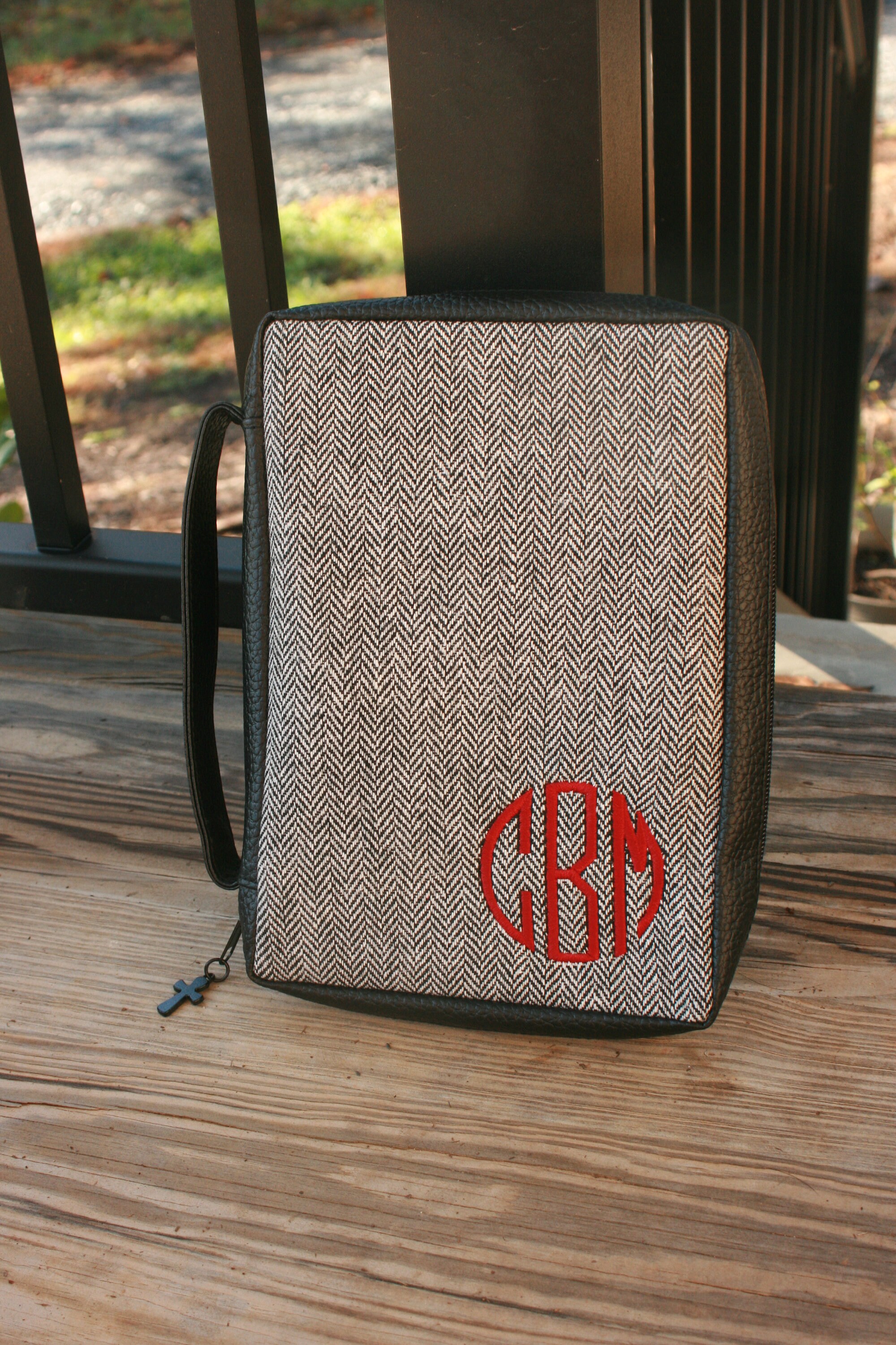 Personalized Bible Cover Monogrammed Black Herringbone Book Protector