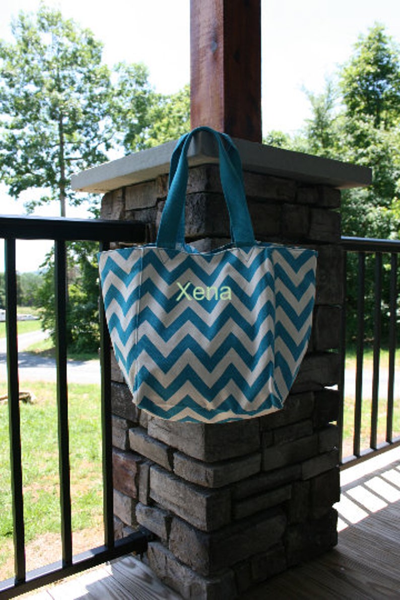 Ladies Monogrammed Tote Bag Turquoise Chevron