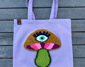 Gepersonaliseerde Punch Needle Dubbelzijdig Geborduurd Canvas Tote Bag: Aangepaste Evil Eye Mushroom en Smiley Face Patroon!